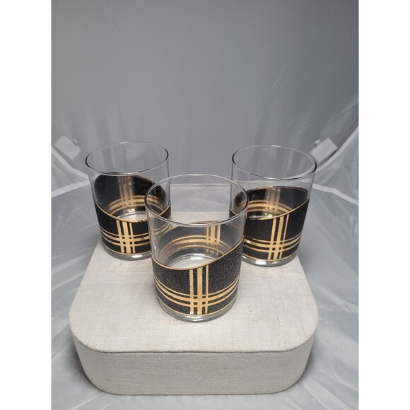 Rare 3 Mid Century Moden Culver Black & Gold Lowball Glasses 22k Gold
